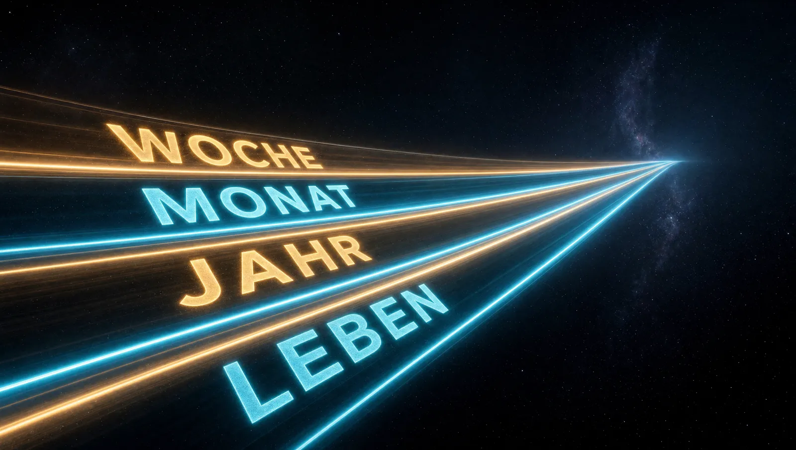 Vier Lichtbahnen mit den Beschriftungen Woche, Monat, Jahr und Leben laufen auf einen gemeinsamen Fluchtpunkt zu.